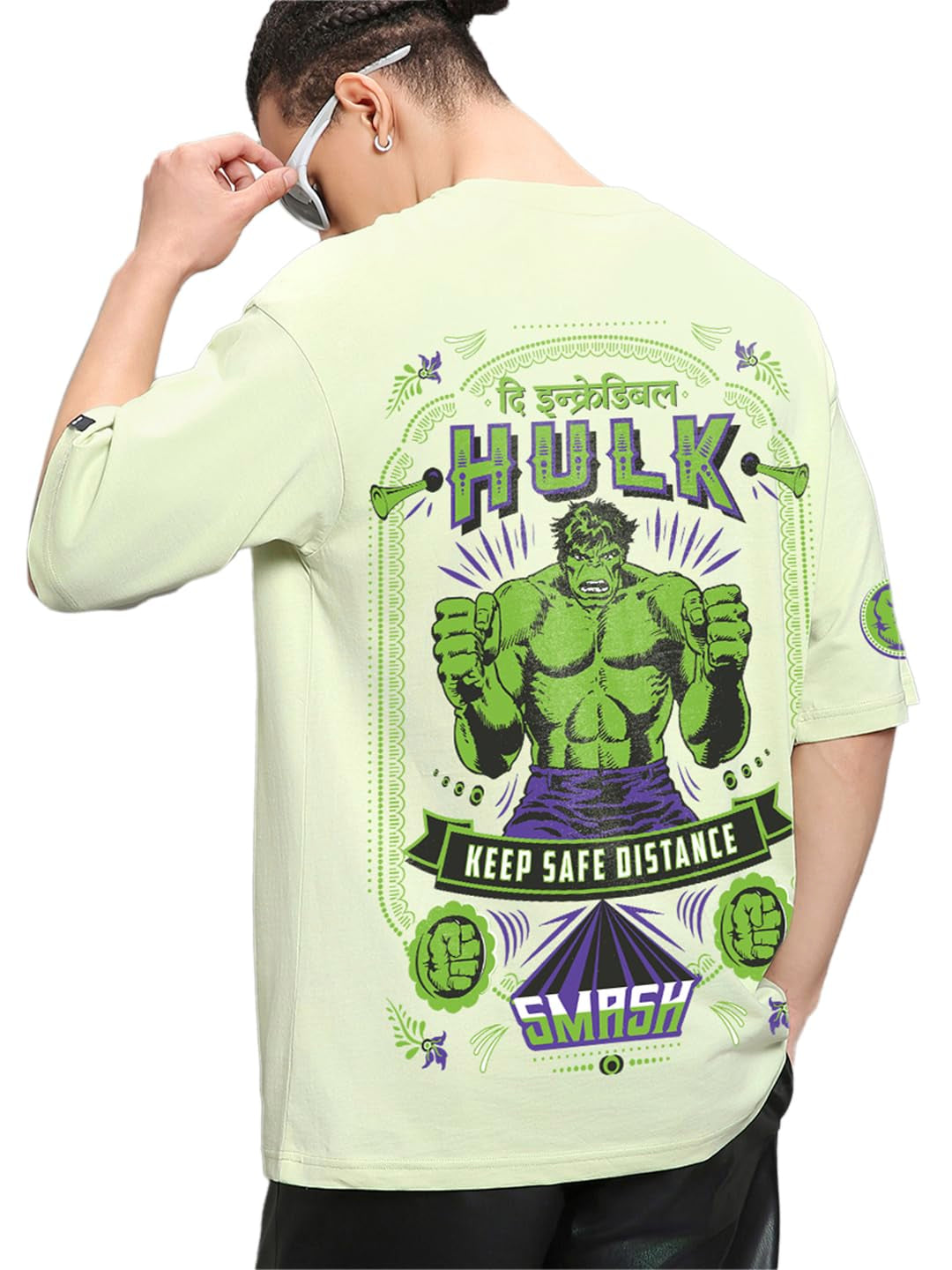 Bewakoof Official Marvel Merchandise Hulk Mens Graphic Print Oversized Fit Half Sleeve Round Neck Cotton T-Shirt_671254_Green_M