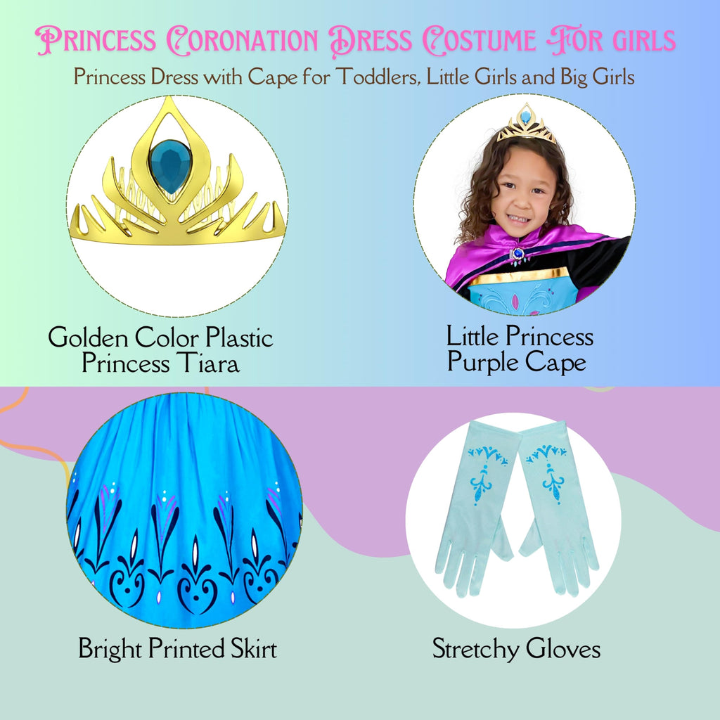 Cokos Box Girls Coronation Dress Costume Cape Gloves Tiara Crown Accessories Kids Set (5 Years, Blue-Purple)