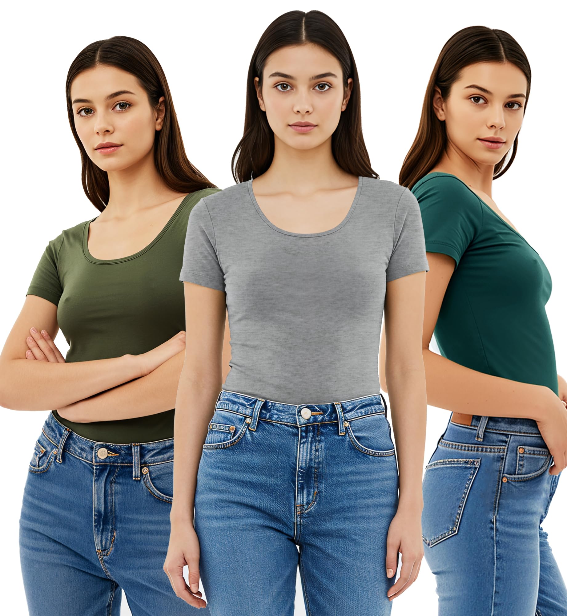 Emmalise Womens Short Sleeve Tshirt Scoop Neck Tee Value Set (3Pk, Olive, Deep Jungle, HTH Gry, Small)-New Condition