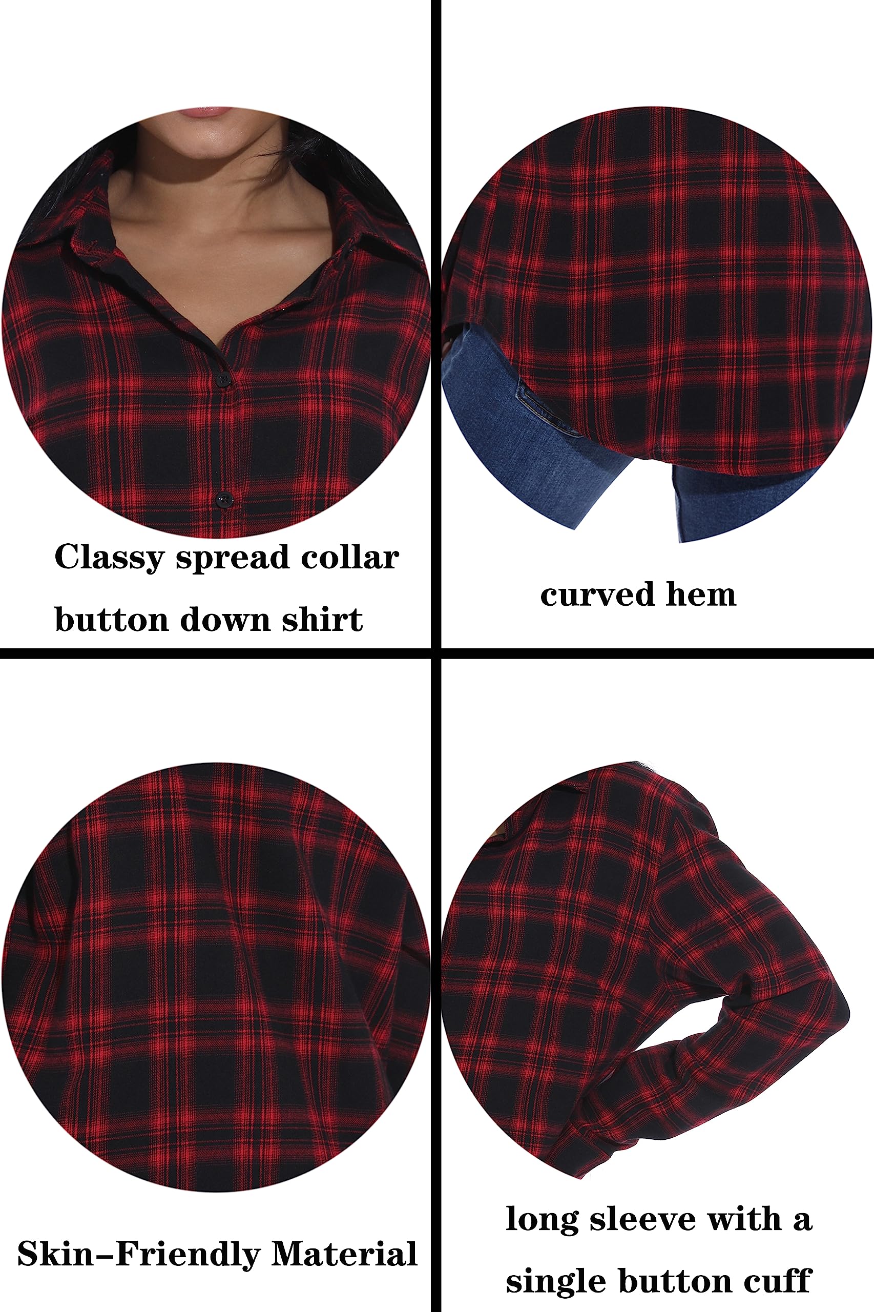 GUANYY Women's Classic Plaid Button Down Shirt - Loose Fit and Long Sleeves (Red Black Plaid, Large)