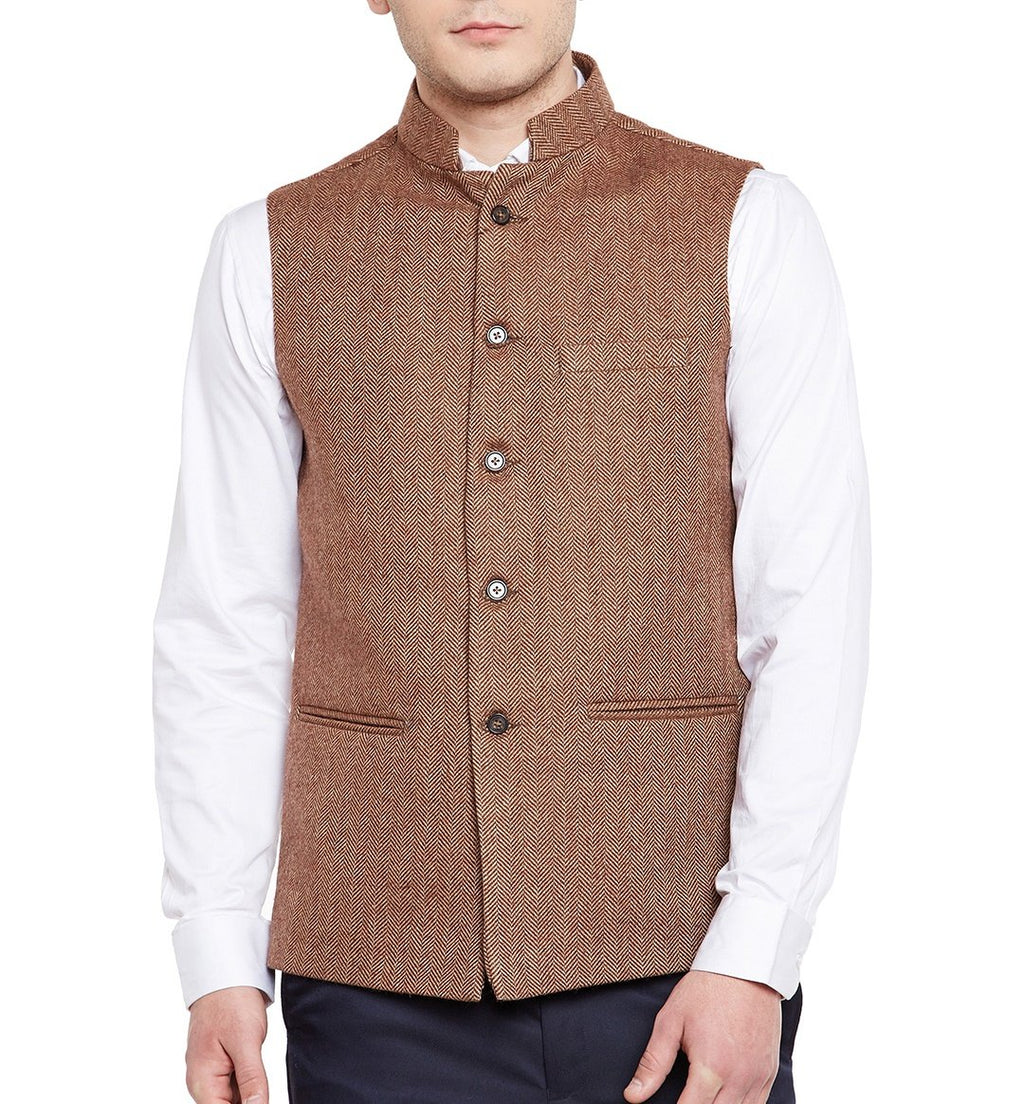 Wintage MenS Wool Blend Grandad Nehru Jacket Vest Waistcoat: Brown
