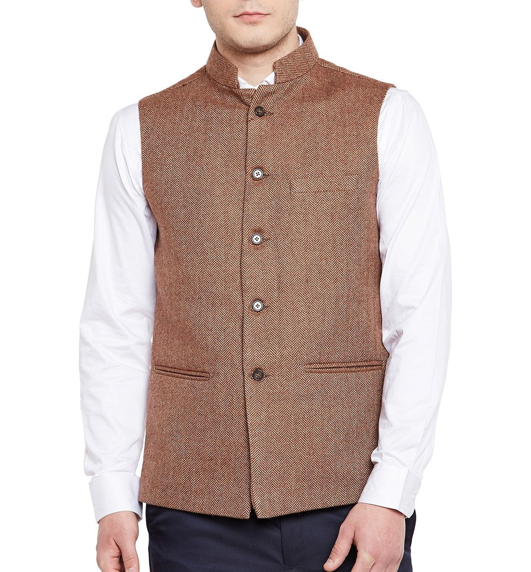 Wintage MenS Wool Blend Grandad Nehru Jacket Vest Waistcoat: Brown