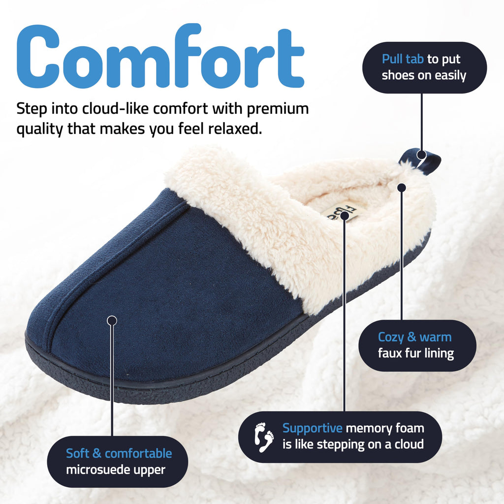 Floopi House Slippers for Women, Fur Lined Clog Womens Slippers Cozy Memory Foam with Indoor & Outdoor Anti Skid Sole (S, Navy-3