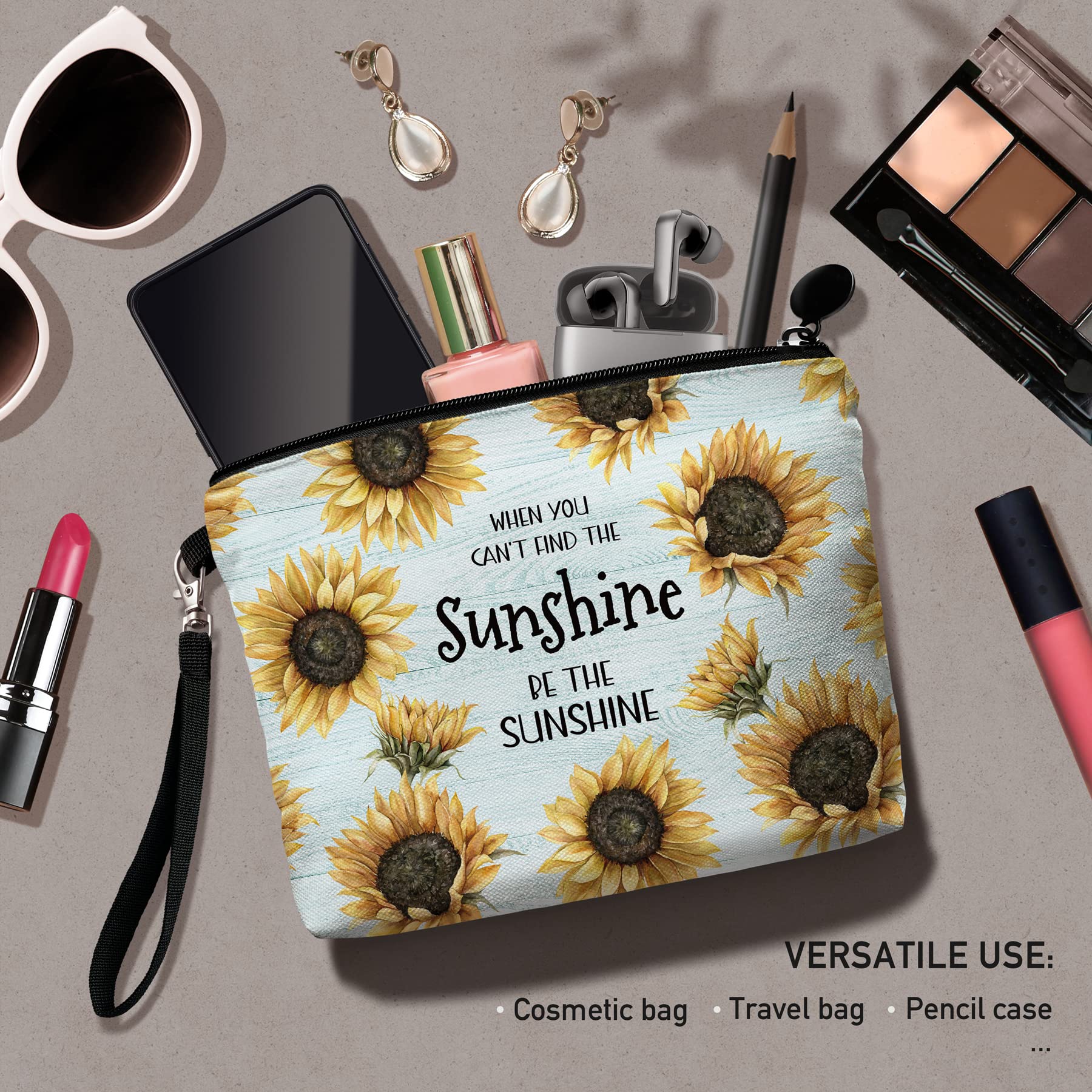 Hglian Sunflower Makeup Bag,Be The Sunshine Travel Travel Cosmetic Bag Zipper Pouch,Inspirational Birthday Gifts for Female Frie