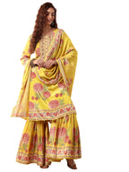 Libas Art Womens Printed Chinon Straight Kurta With Sharara and Dupatta