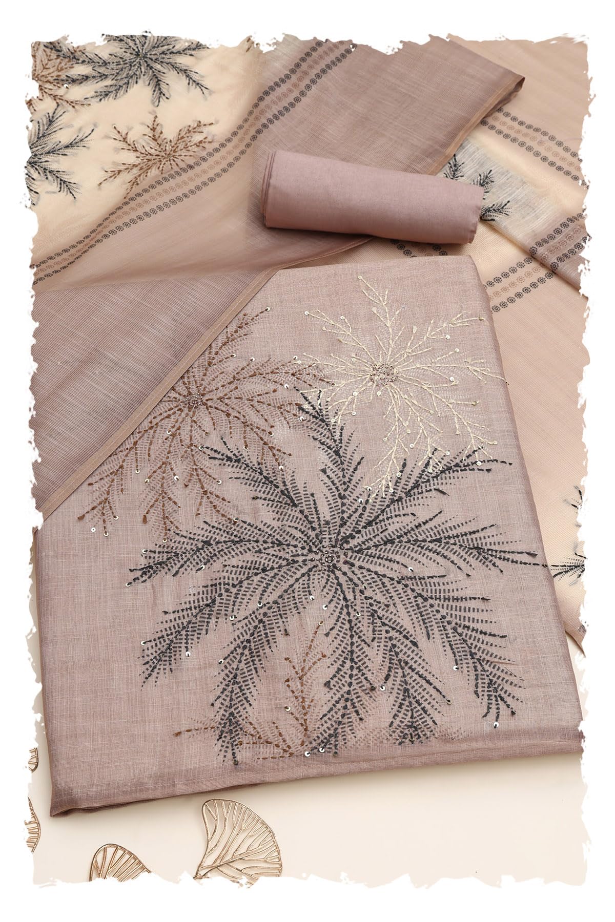 Soch Women Linen Shimmer Botanical Kantha Embroidery Dress Material with Cutdana