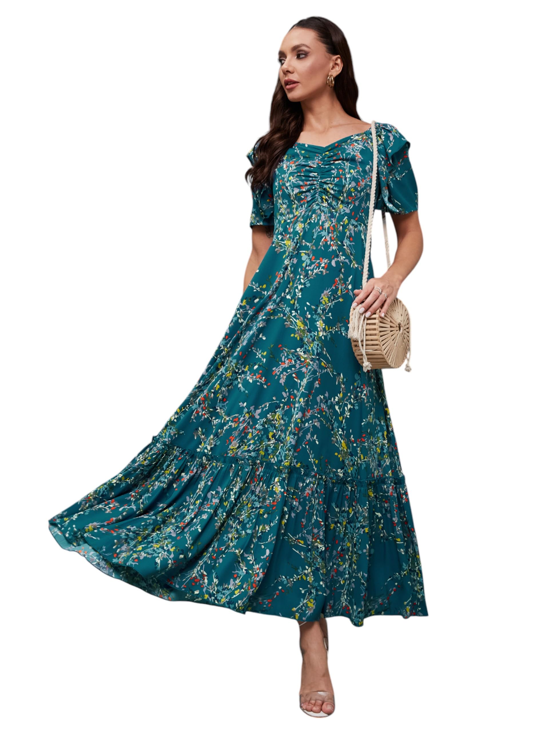 Miss Chase WomenS Sweet-Heart Neck Half Sleeve Floral Ruching Crepe Midi Dress (Mcss25D93-25-612-07, Multicolored Base Tropical