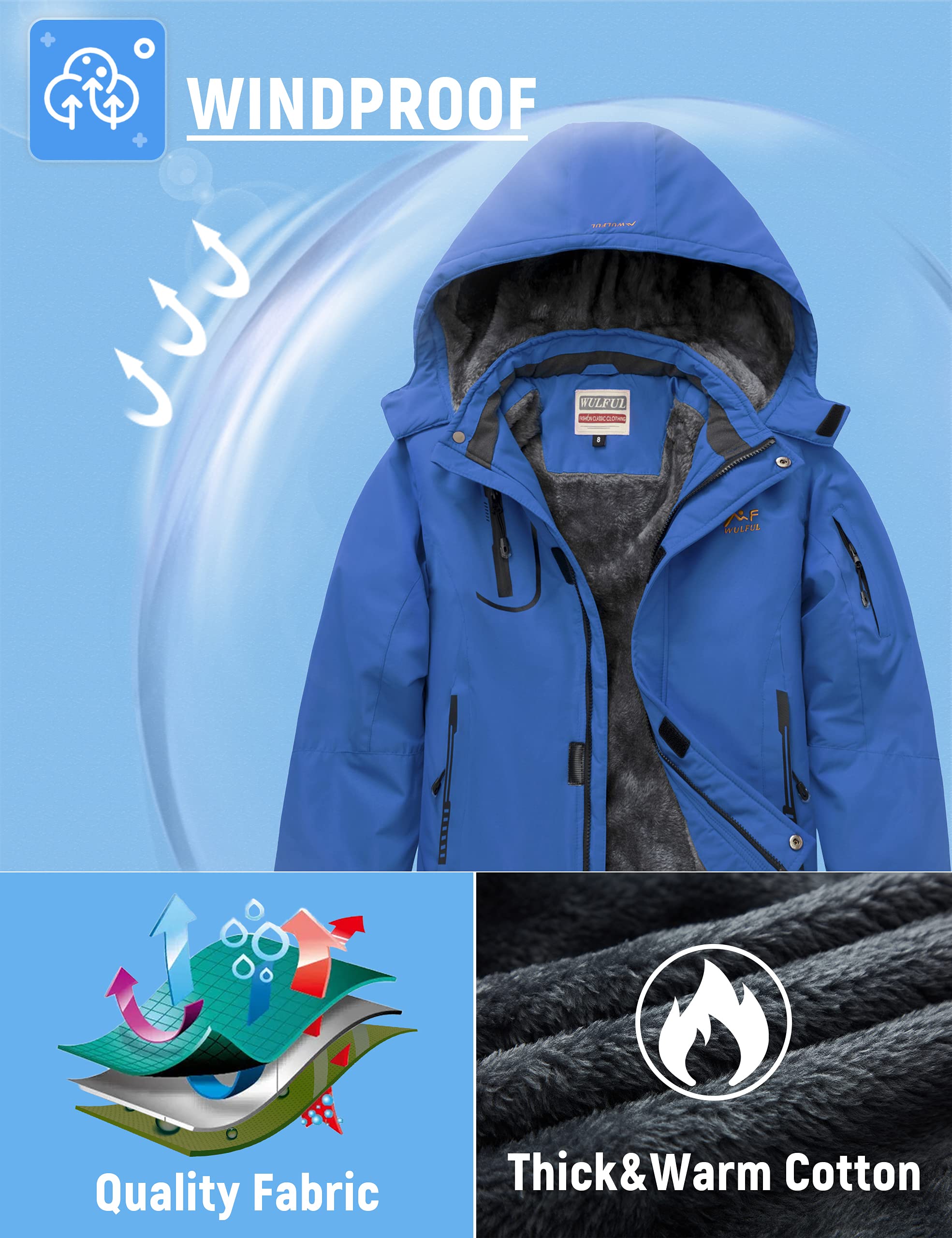 WULFUL Boy's Waterproof Ski Jacket Warm Fleece Hooded Windproof Winter Snow Coat