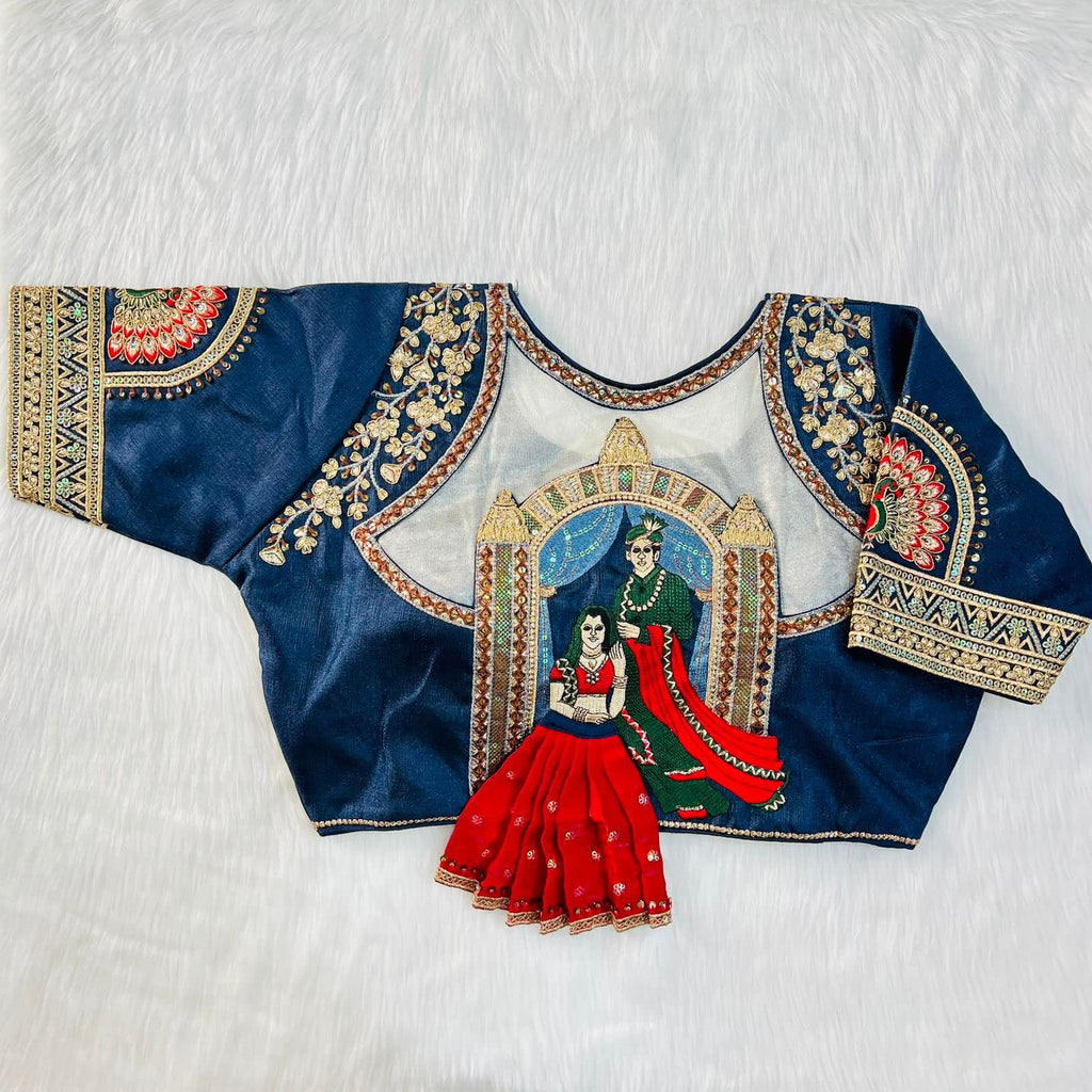 Pujia Mills Womens Heavy Milan Silk Codding Sequins Handwork and Cutwork Half Sleeve Blouse Womens Bridal Blouse Readymade Heavy Work Embroidery Readymade Saree Blouse for Women