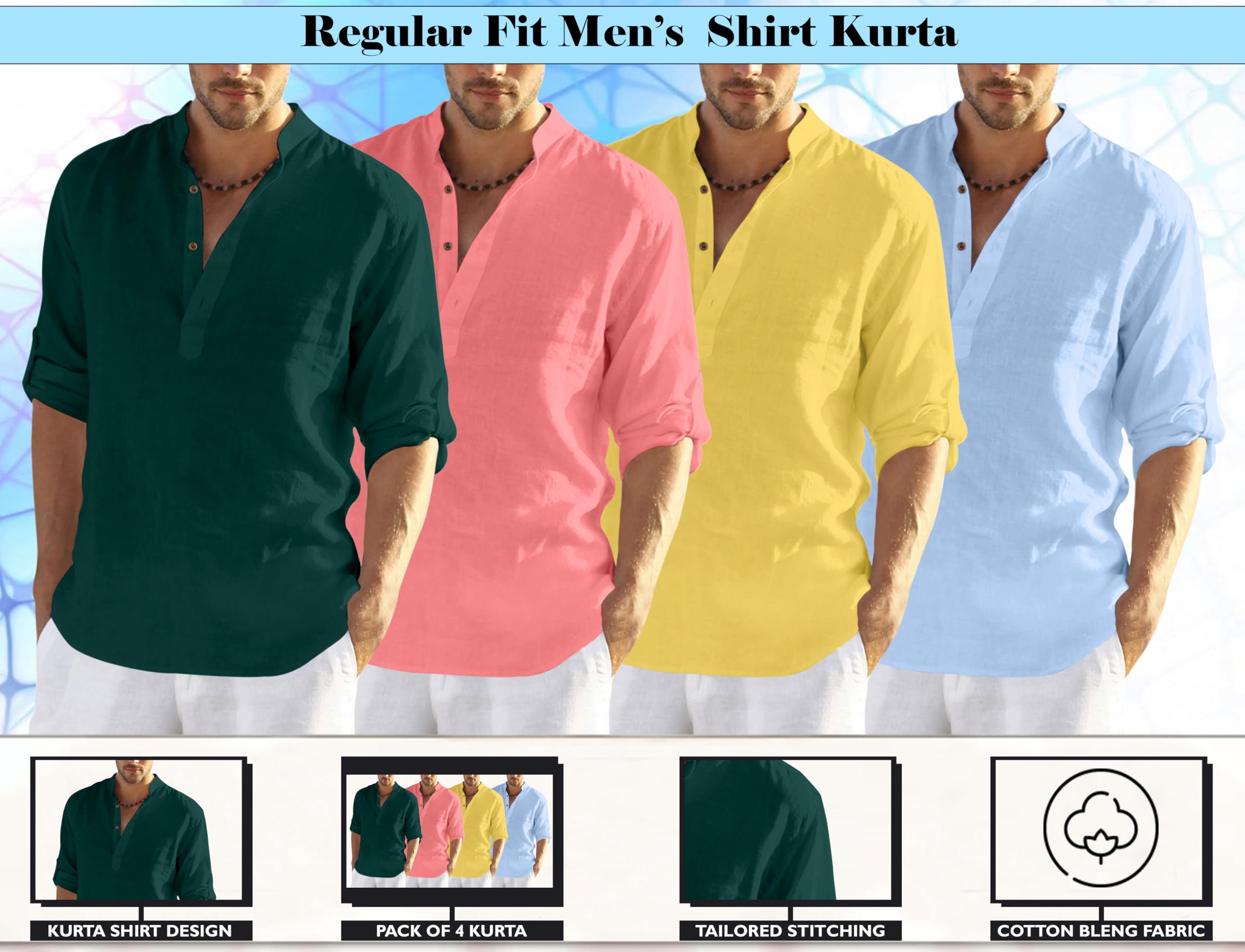 Zombom MenS Cotton Blend Solid Full Sleeve Regular Fit Kurta Shirt, Multicolor, S, Combo Set Of 4