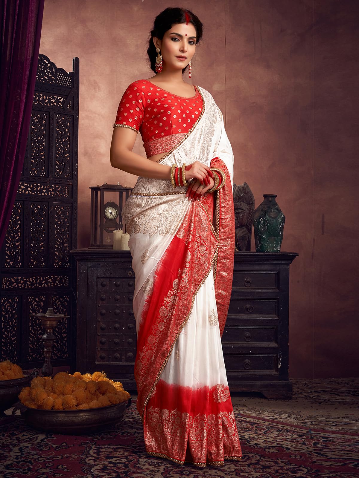 Satrani WomenS Navratri Special Cotton Silk Banarasi Jacquard Durga Puja Special Bengali Saree With Unstitched Blouse Piece (38