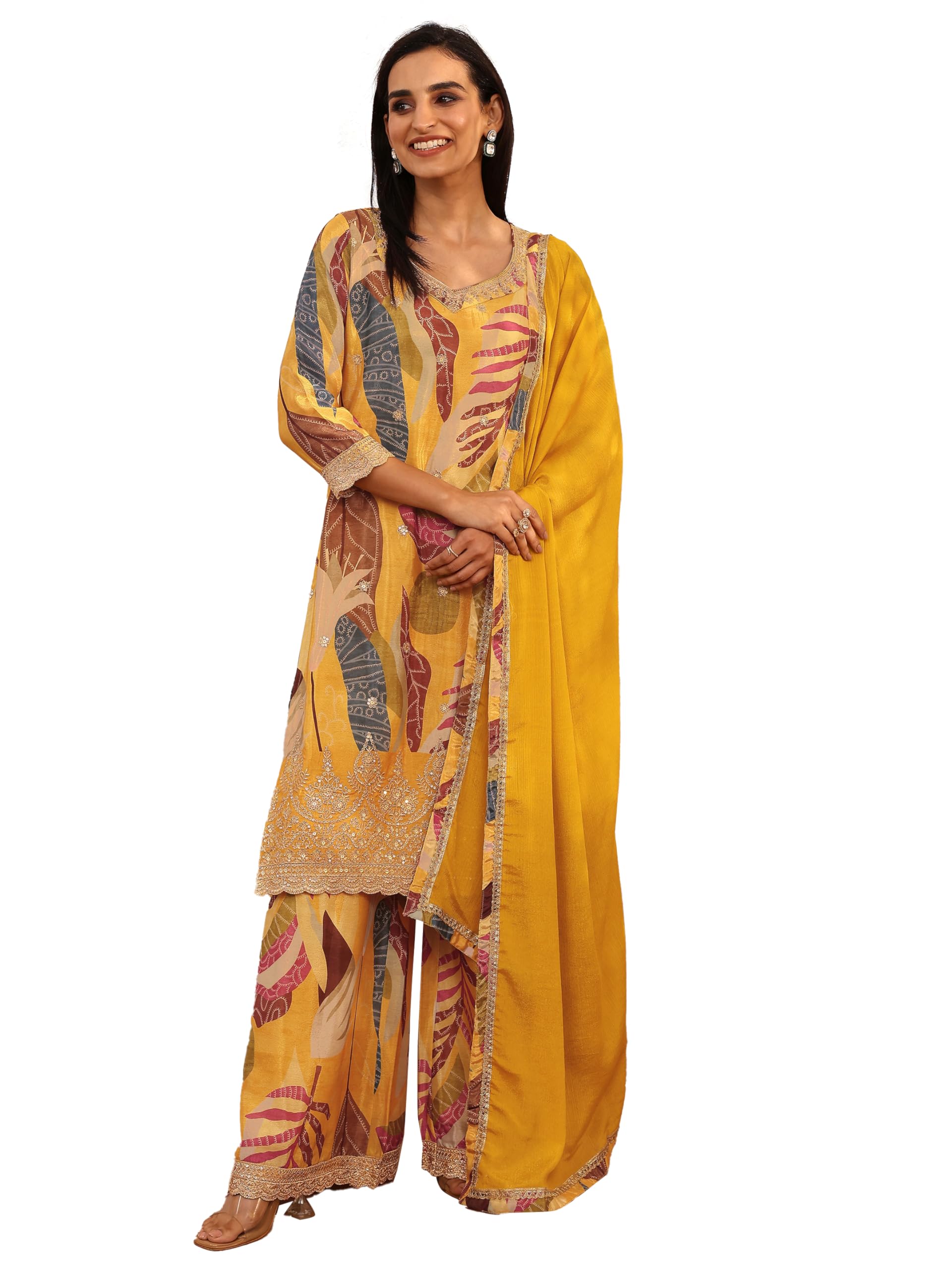 Libas Printed Chinon Straight Kurta With Palazzos With Dupatta (51847Xxl)