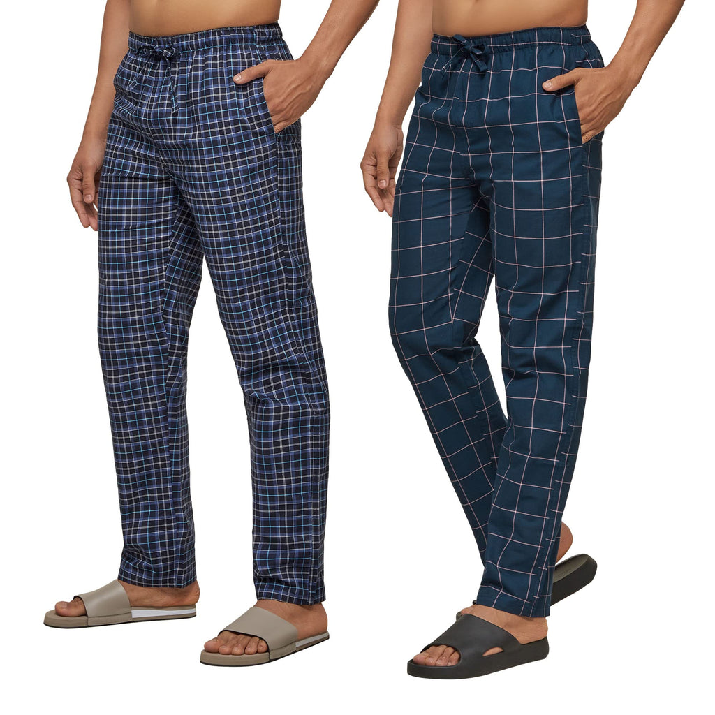 XYXX Mens Super Combed Cotton Checkered Checkmate Pyjamas [Pack of 2] Elasticated Waist, Drawstring | Loungewear for Men in Blu