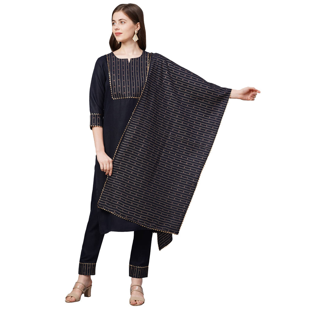ANNI DESIGNER Women's Cotton Straight Kurta with Pant & Dupatta (KPTD-COT-10069-NAVY Blue_XXL_Dark Blue_XX-Large)