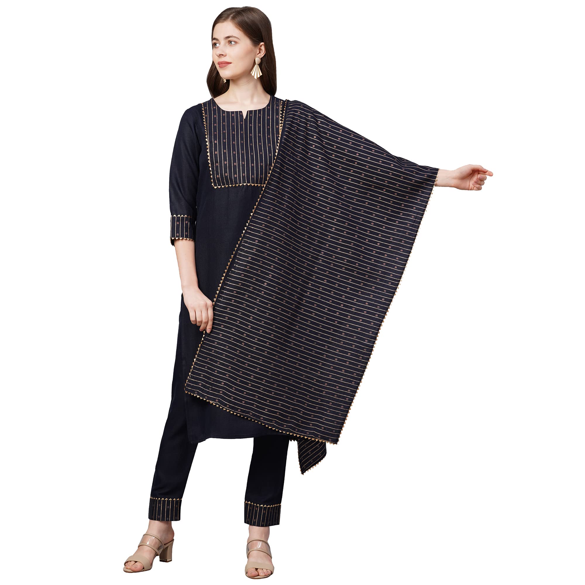 ANNI DESIGNER Women's Cotton Straight Kurta with Pant & Dupatta (KPTD-COT-10069-NAVY Blue_XXL_Dark Blue_XX-Large)