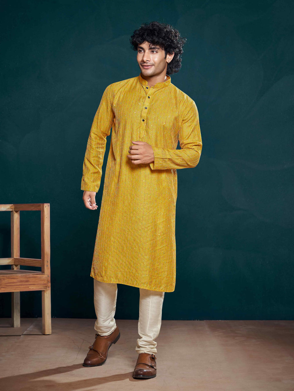 Vardha MenS Viscose Sequin Embellished Stitched Kurta, Yellow Pattern Thread Work Mandarin Collar Long Sleeves Straight Kurta,