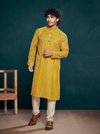 Vardha MenS Viscose Sequin Embellished Stitched Kurta, Yellow Pattern Thread Work Mandarin Collar Long Sleeves Straight Kurta,
