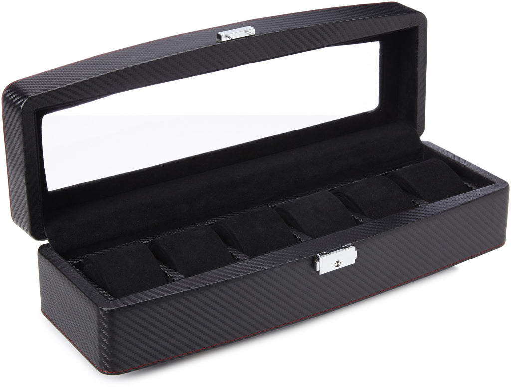 Diplomat 31-447 Carbon Fiber Six Watch Case with Black Suede Interior and See Through Top Watch Case