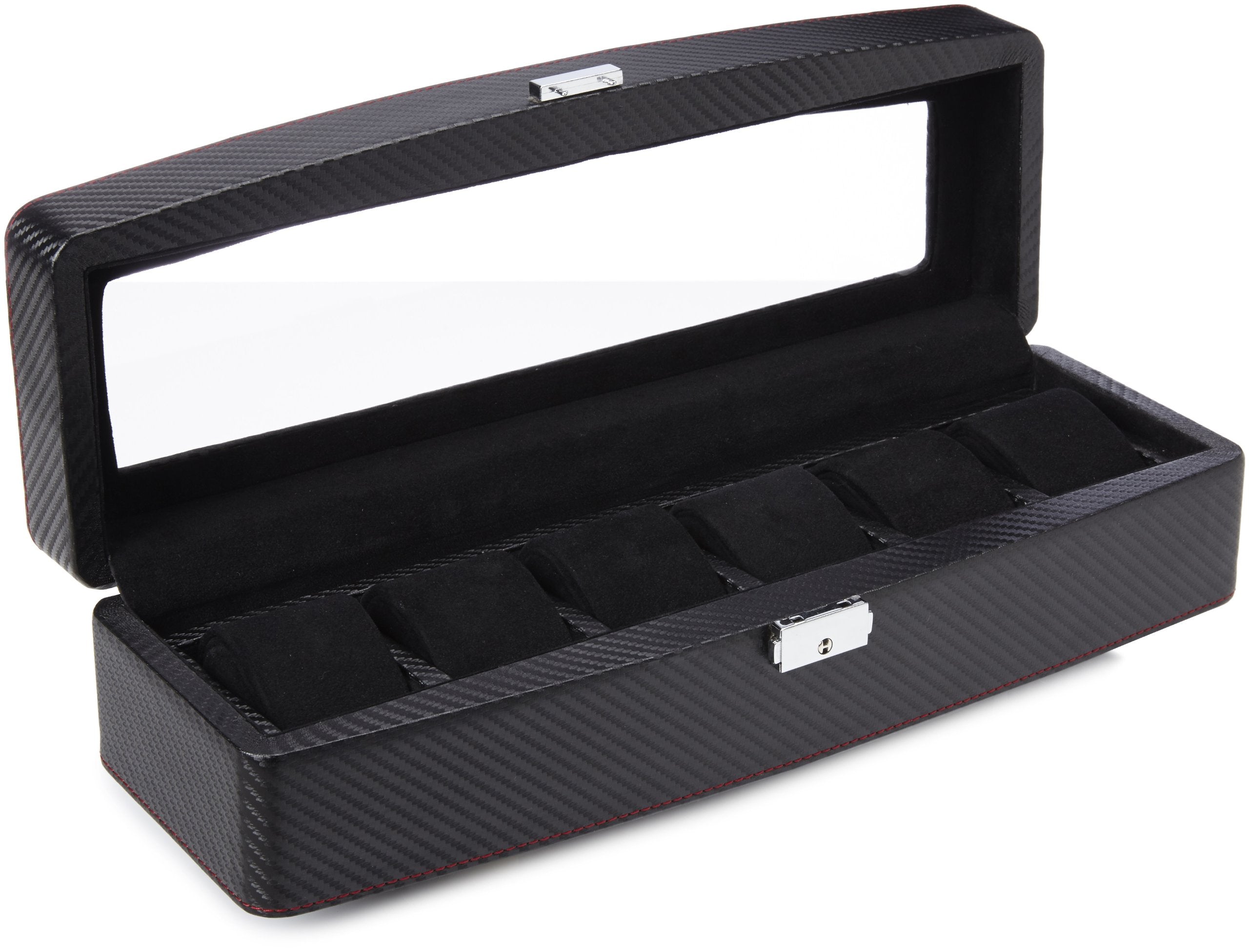 Diplomat 31-447 Carbon Fiber Six Watch Case with Black Suede Interior and See Through Top Watch Case