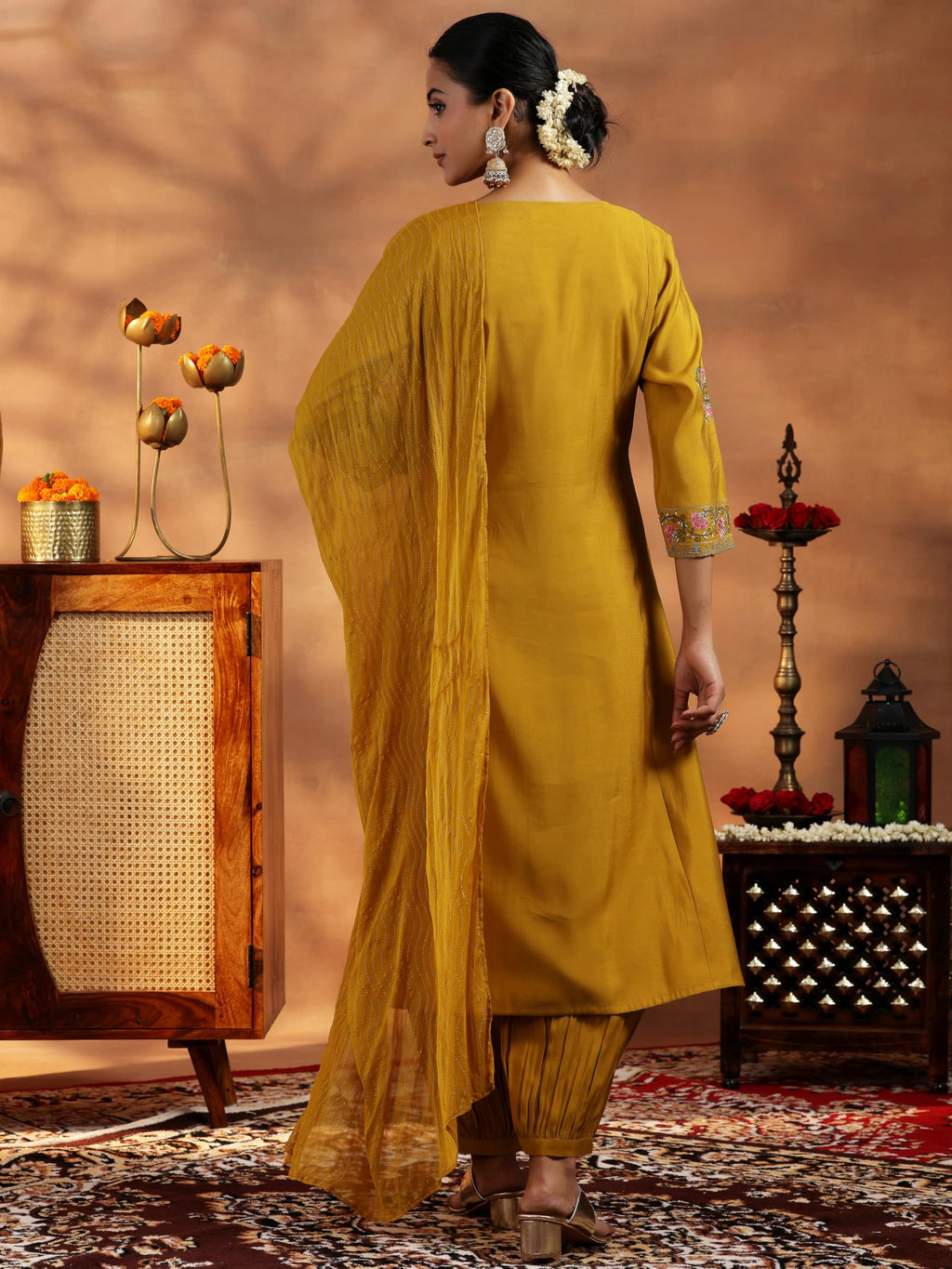 Libas Womens Embroidered Silk Blend A-Line Kurta With Salwar And Dupatta