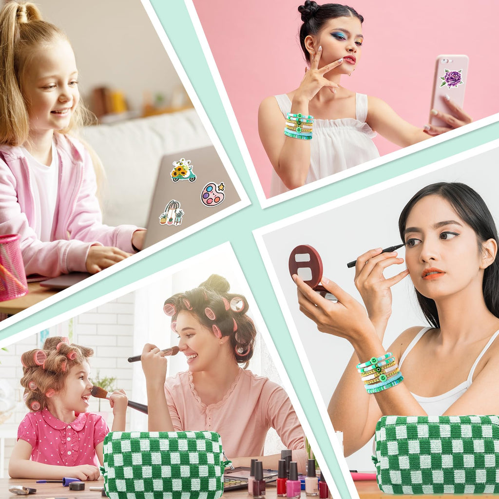 58 Pcs Checkered Makeup Bag Set Preppy Aesthetic Portable Cosmetic Bag Travel Makeup Pouch 7 Pcs Heishi Surfer Bracelets with 50