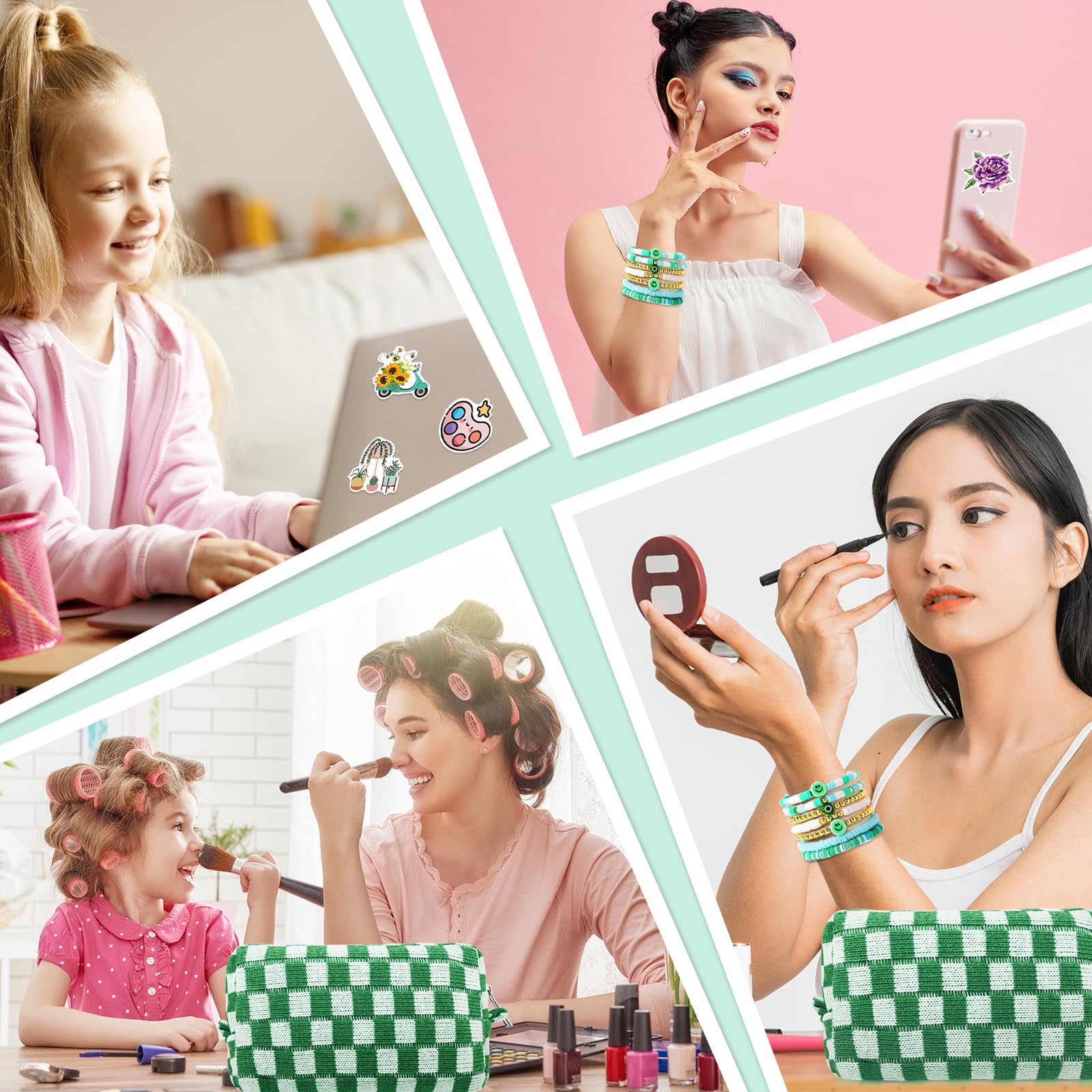 58 Pcs Checkered Makeup Bag Set Preppy Aesthetic Portable Cosmetic Bag Travel Makeup Pouch 7 Pcs Heishi Surfer Bracelets with 50