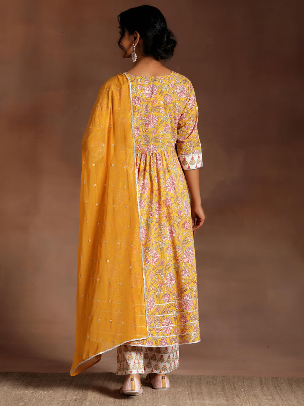Libas Yellow Printed Cotton Anarkali Kurta With Trousers & Dupatta