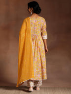 Libas Yellow Printed Cotton Anarkali Kurta With Trousers & Dupatta