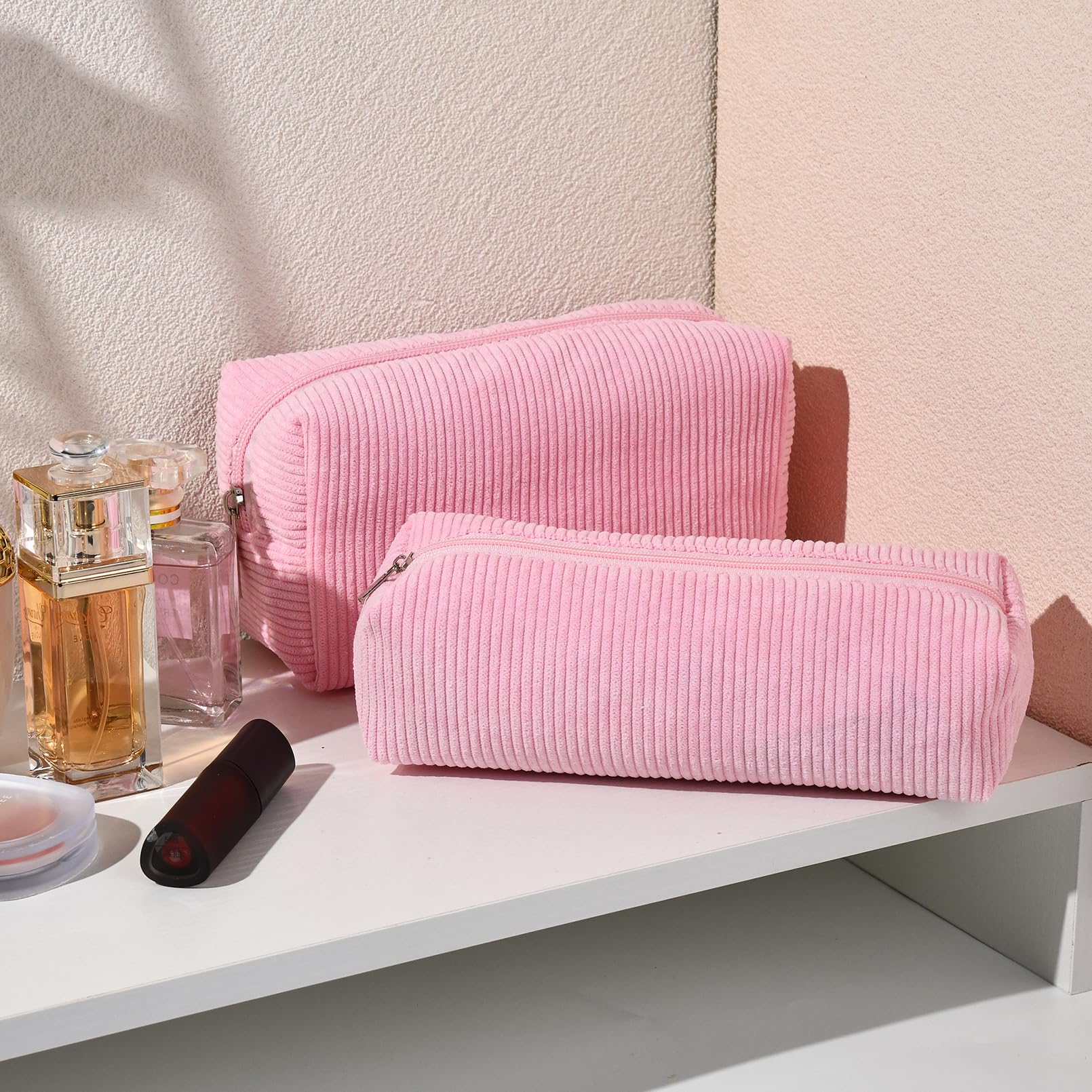 SOIDRAM Makeup Bag Corduroy Cosmetic Bag Cute Pink Makeup Pouch 1Pcs Large Capacity Makeup Bags and 1Pcs Makeup Brushes Storage