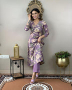 ANNI DESIGNER Womens Rayon Straight Printed Kurta with Pant Set (DHUN Purple_L_Purple_Large)