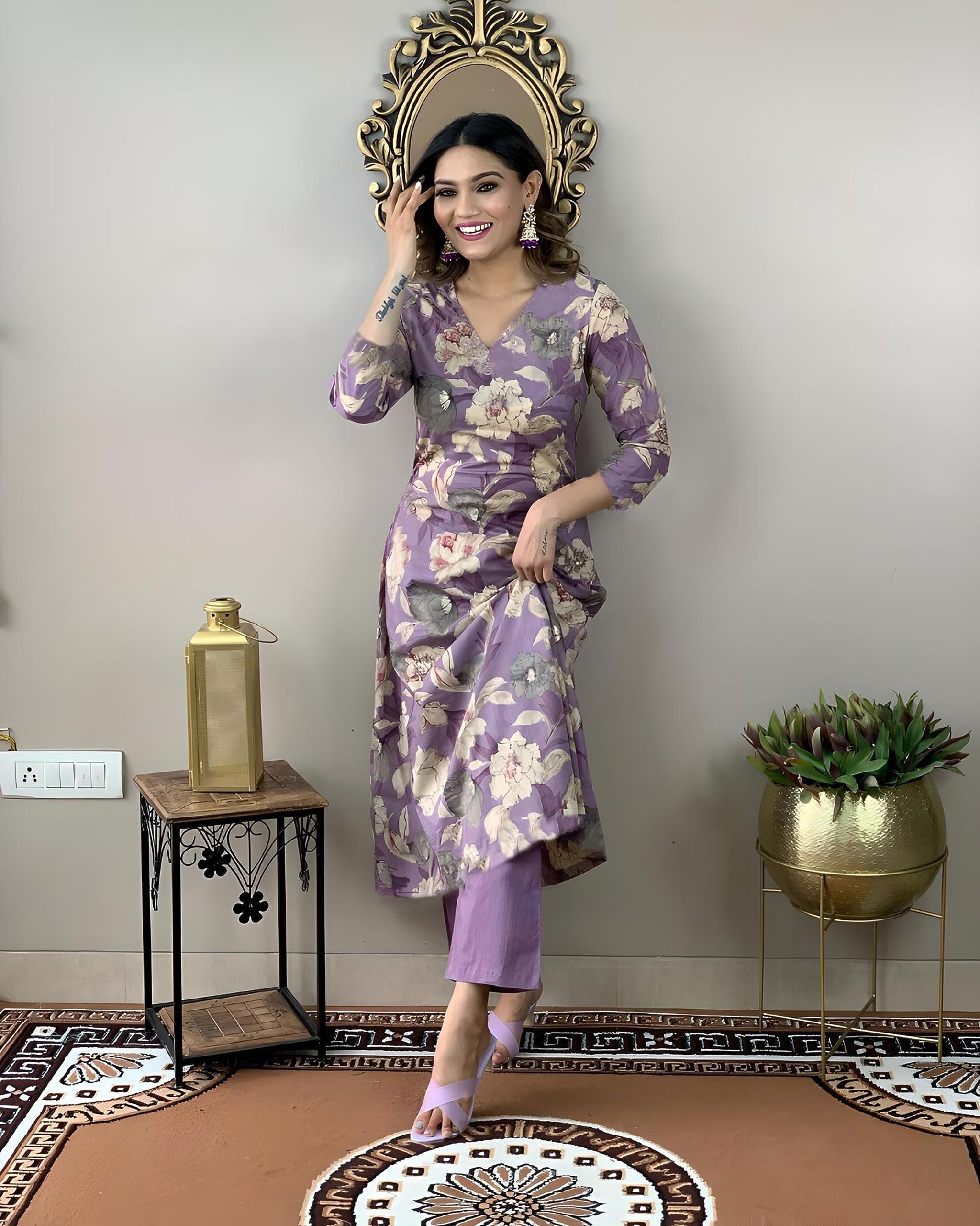 ANNI DESIGNER Womens Rayon Straight Printed Kurta with Pant Set (DHUN Purple_L_Purple_Large)