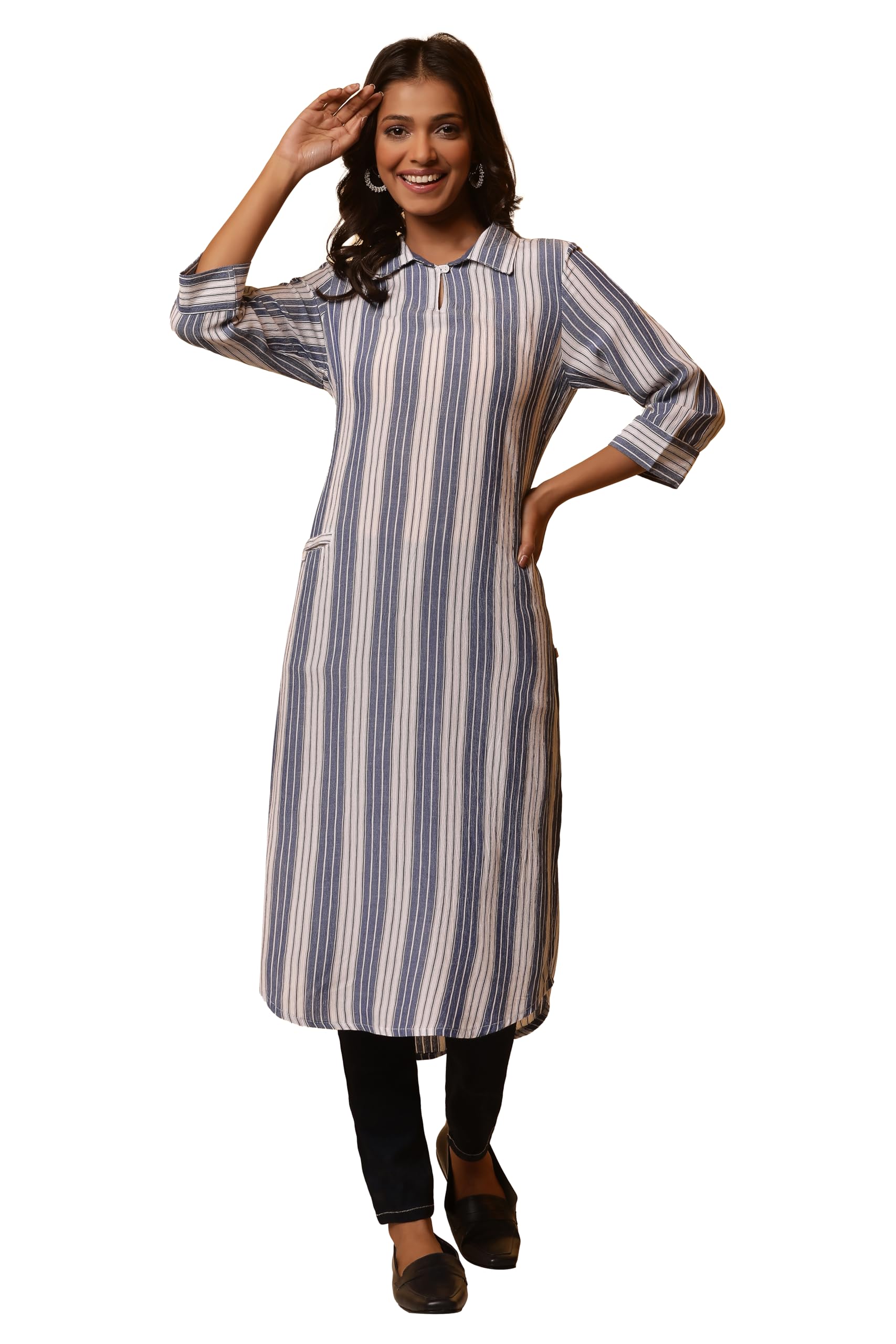 Aurelia Women Blue Striped Rayon Straight Kurta_24FEA14802_XS