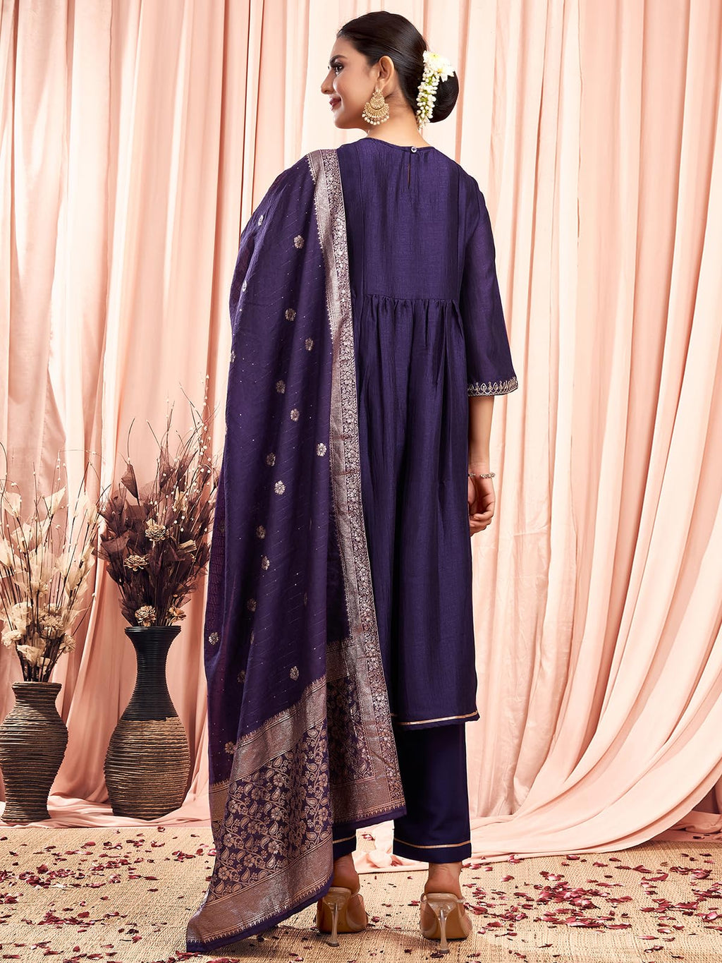 Sanisa Women'S Silk Blend Sequins Embroidery Anarkali Kurta With Pant And Dupatta Set