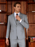 WULFUL Mens Slim Fit Suit One Button 3-Piece Blazer Dress Business Wedding Party Jacket Vest & Pant Light Grey