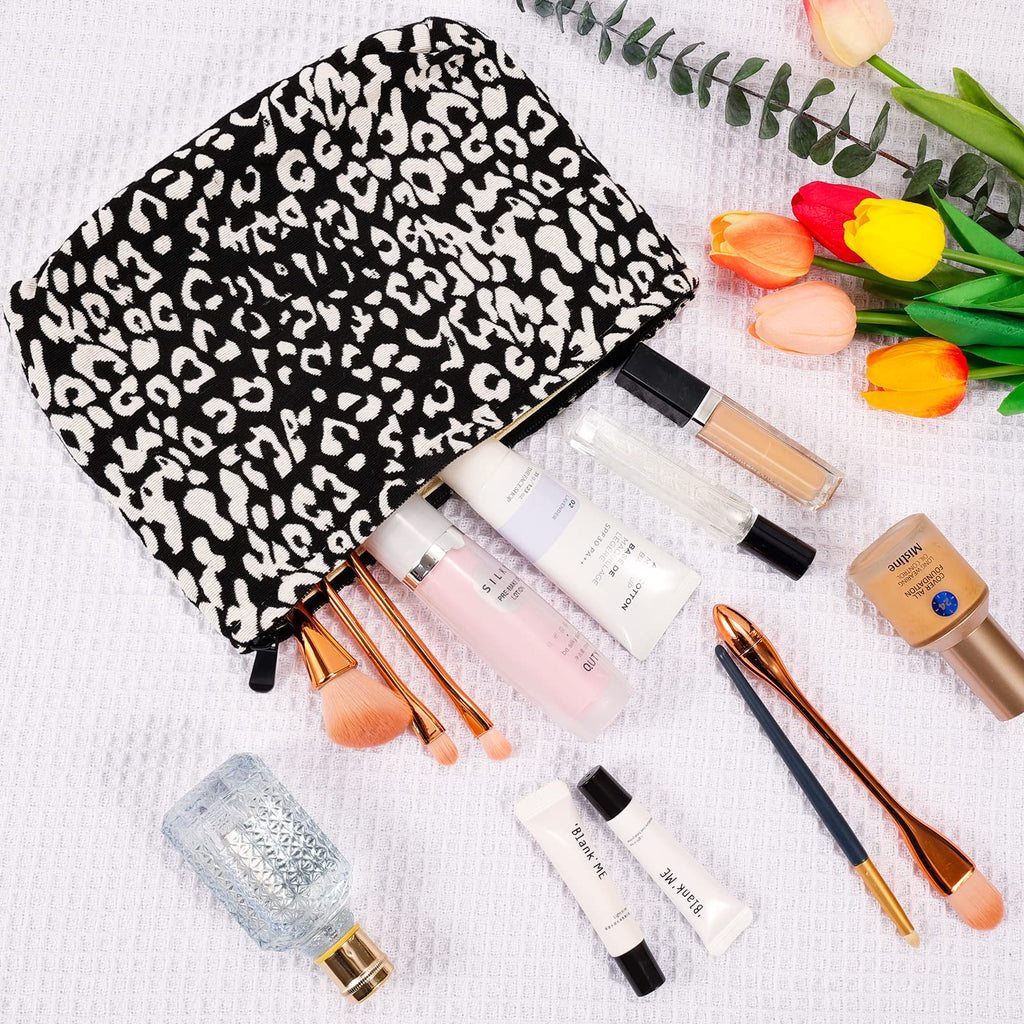 ZLFSRQ 2Pcs Leopard Print Makeup Bags for Women Zipper Makeup Pouch for Purse Large Capacity Travel Cosmetic Bag Canvas Makeup B