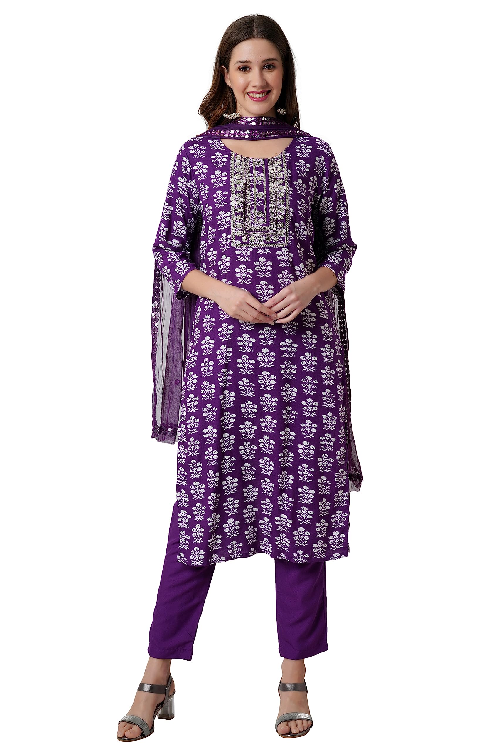 Rytras Women'S Embroidered Straight Kurta With Pant And Dupatta Set(Purple,Xl)