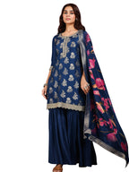 Libas Art Womens Woven Design Silk Blend Straight Kurta With Sharara And Dupatta