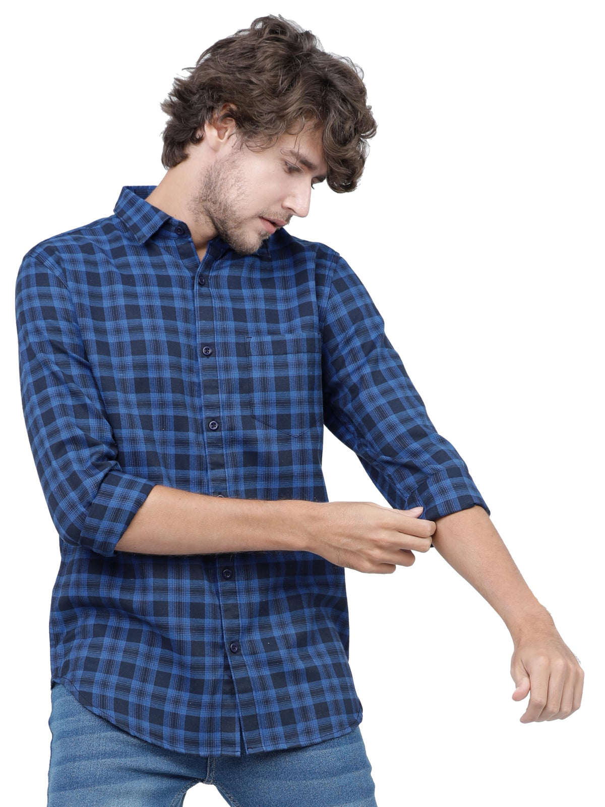 Ketch MenS Checkered Slim Shirt (Khsh000010_Navy Blue Xl)