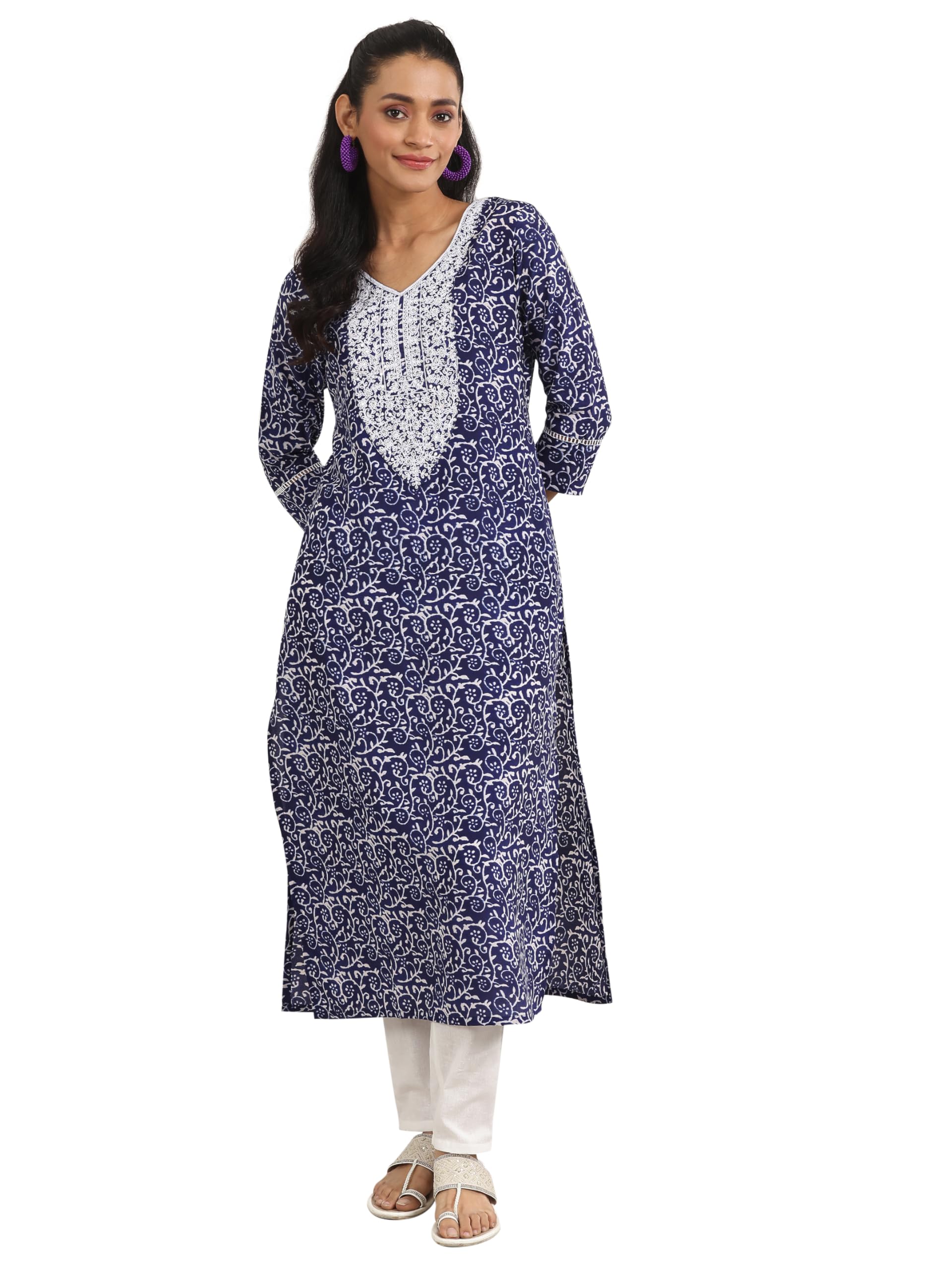 Libas WomenS Silk Blend Printed Straight Kurta (98028O_Indigo_Xl)