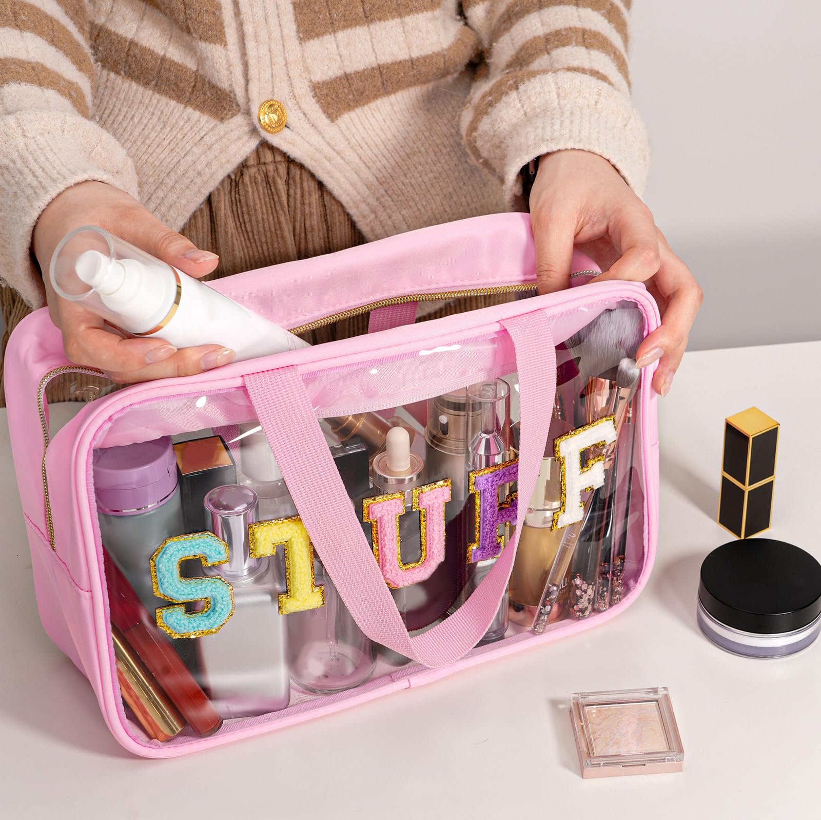 Yowivon Clear Stuff Tote Bag Pink Big Travel Cosmetic Makeup Toiletry Bag with Handle and Zipper, Transparent Waterproof Beach S