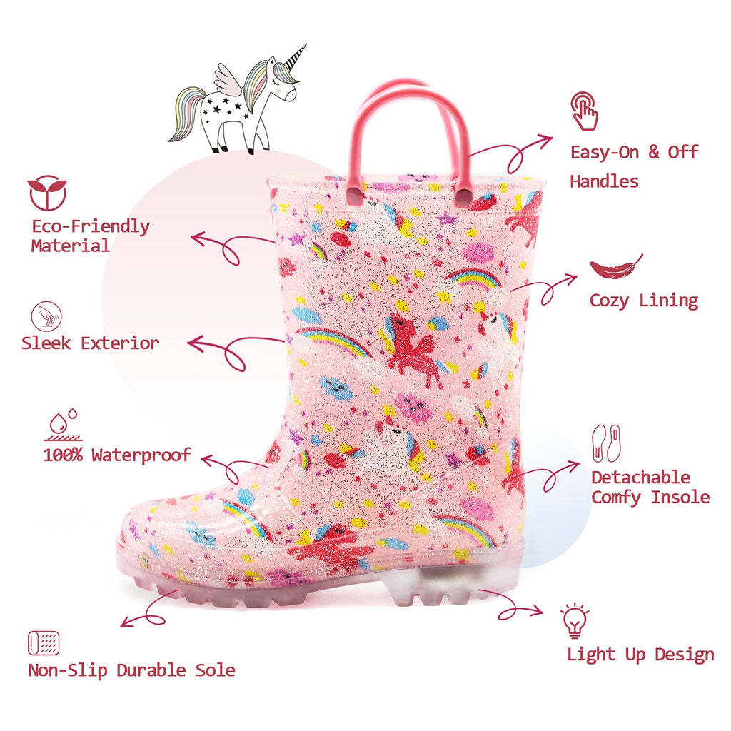 EUXTERPA Toddler-Kids Waterproof Light Up Rain Boots Patterns and Glitter Boots with Handles for Girls Little Kid Size 11 Pink U