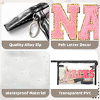 Y1tvei Large Clear SNACKS Pouch - Preppy Patch Rose Red Chenille Varsity Letter PVC Transparent Extra Large Cosmetic Makeup Bag