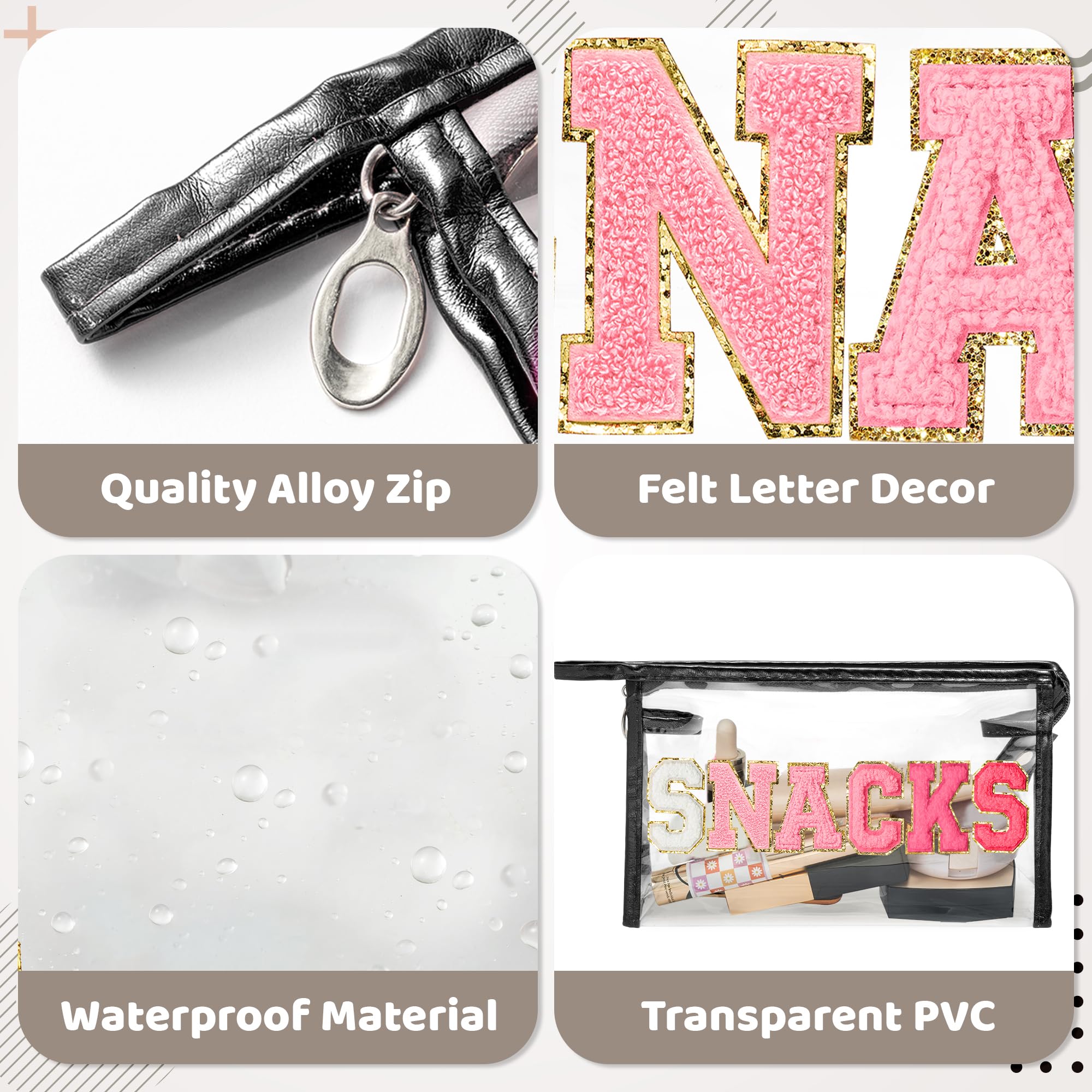Y1tvei Large Clear SNACKS Pouch - Preppy Patch Rose Red Chenille Varsity Letter PVC Transparent Extra Large Cosmetic Makeup Bag