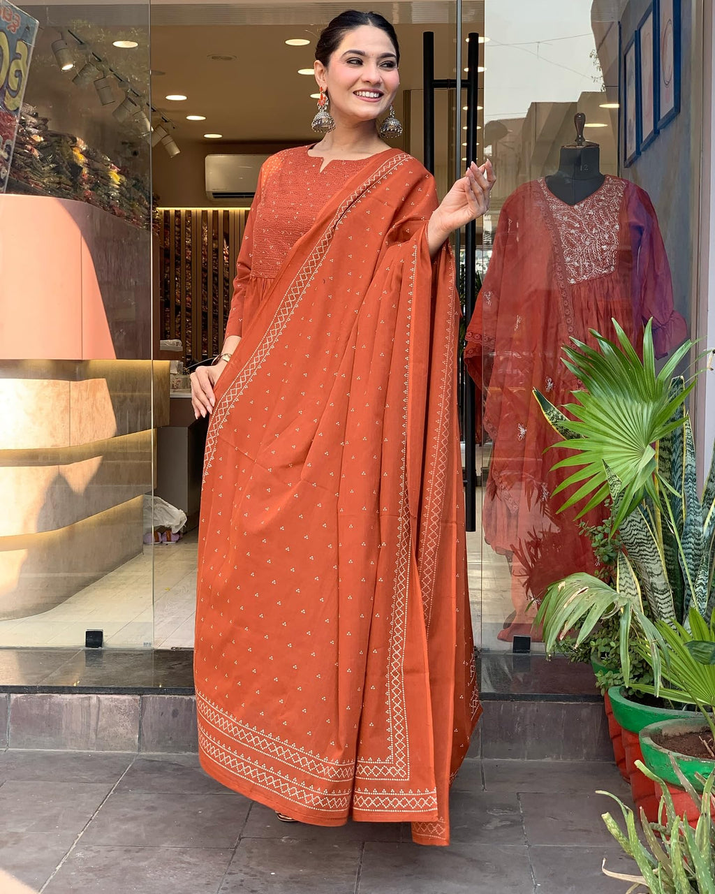 ANNI DESIGNER Women s Anarkali Viscose Kurta with Trousers and Dupatta, Orange, XL