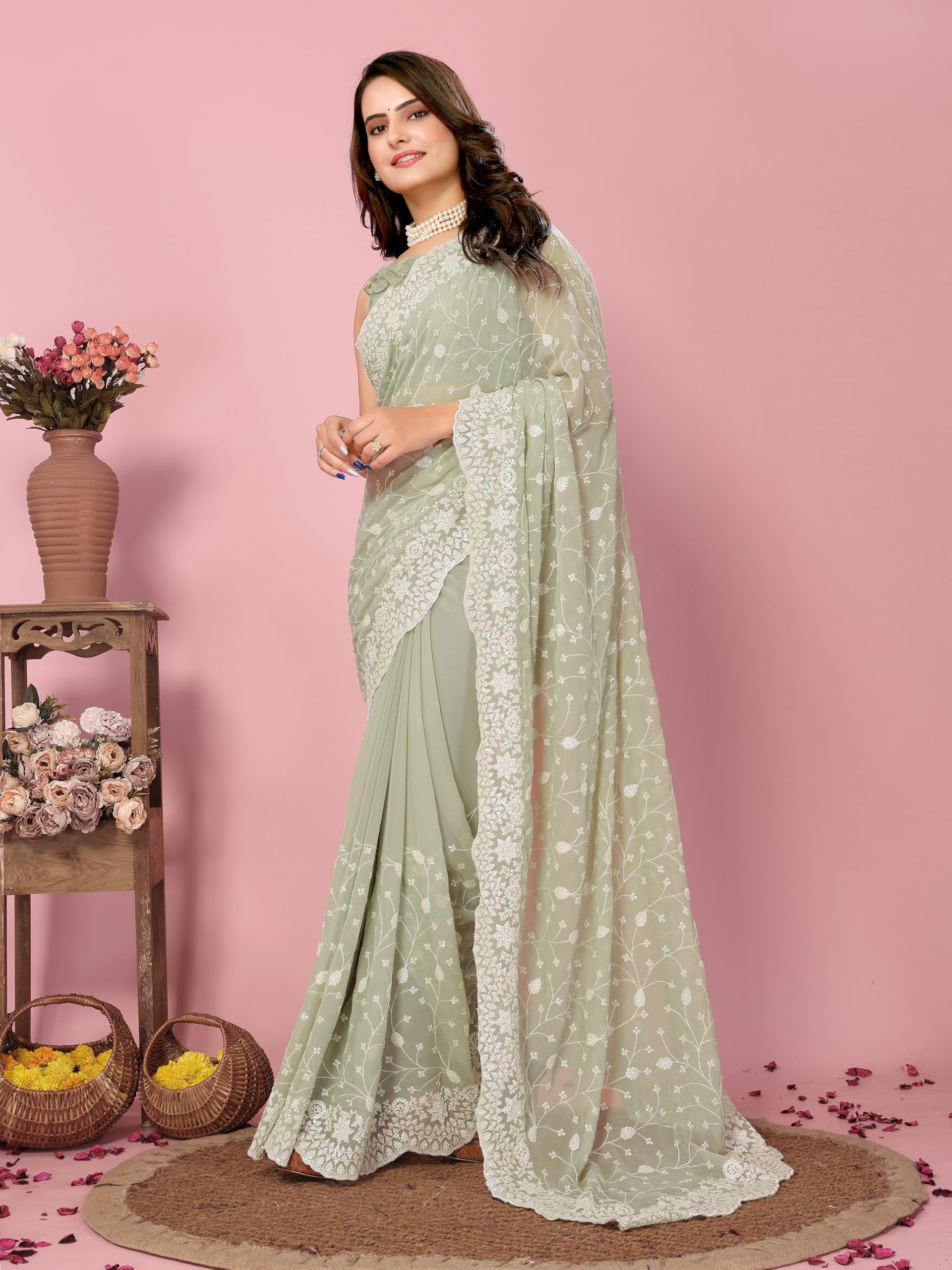 Vairagee Women Soft Georgette Emroidery Saree With Sequence Work Unstitched Blouse (6246)