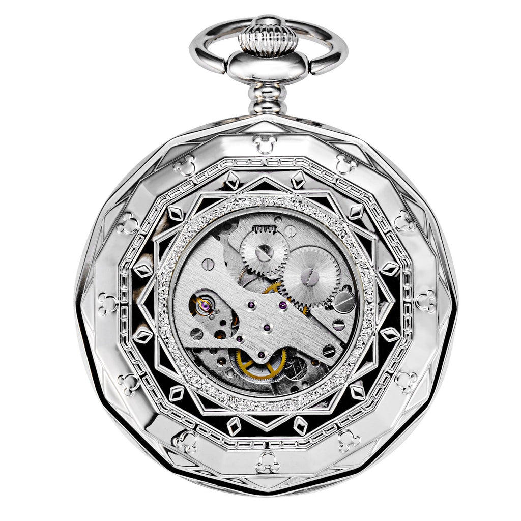 TREEWETO Mechanical Pocket Watches Silver Roman Numerals Open Face with Chain Men 24-Hour Moon Sun with Box
