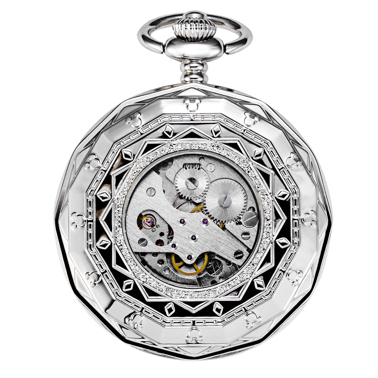 TREEWETO Mechanical Pocket Watches Silver Roman Numerals Open Face with Chain Men 24-Hour Moon Sun with Box