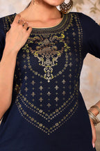 Aurelia Blue Foil Pattern Cotton Straight Long Kurta