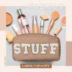 Cunno 4 Pcs Preppy Makeup Bag Chenille Letter Nylon Cosmetic Bag Makeup Bag Toiletry Cosmetic Case Preppy Bag with Zipper Stuff