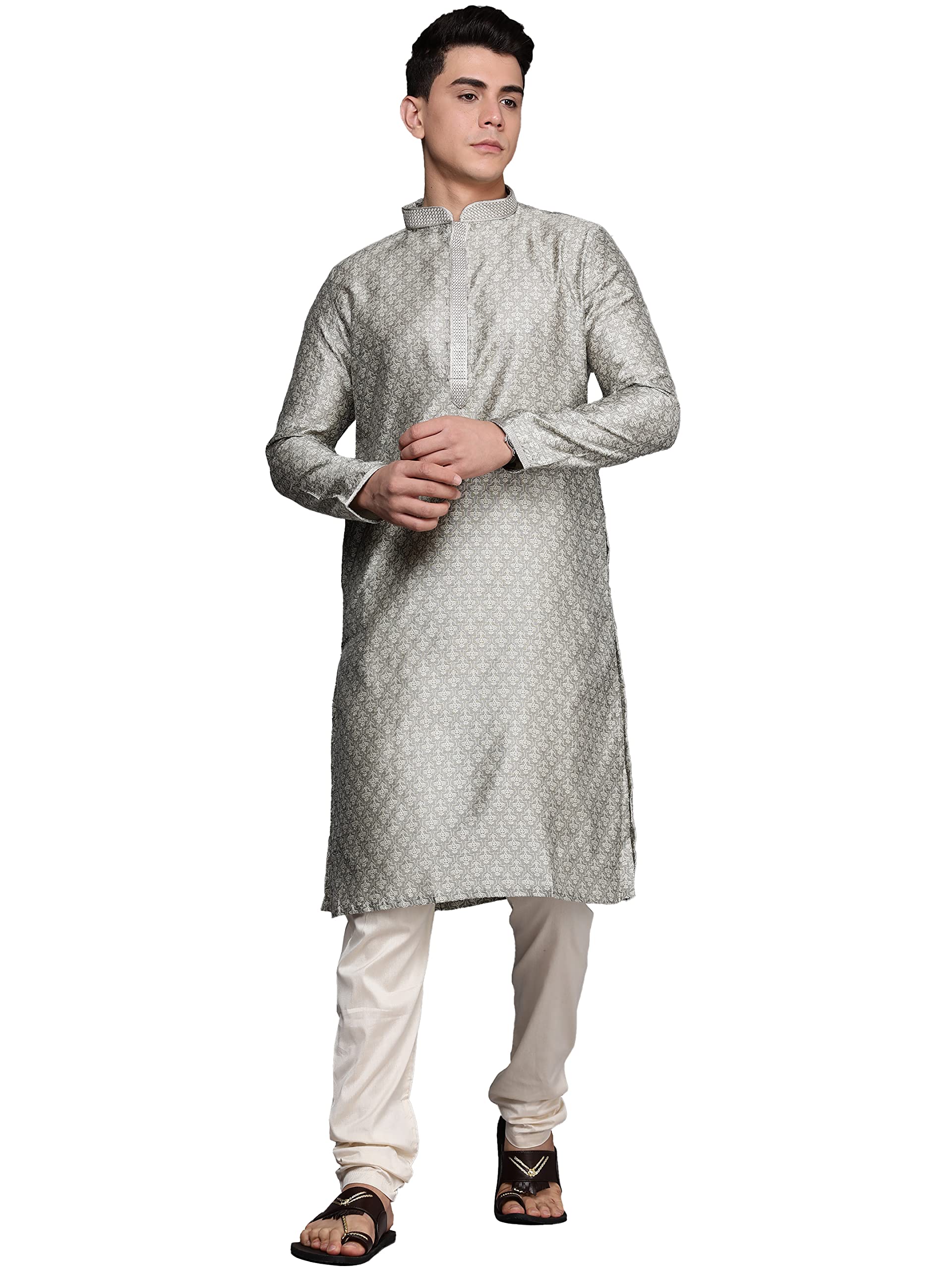 Manyavar Kurta Set For Men, Full Sleeves Mandarin Collar Ethnic Kurta Set Viscose Blend (Grey, L)